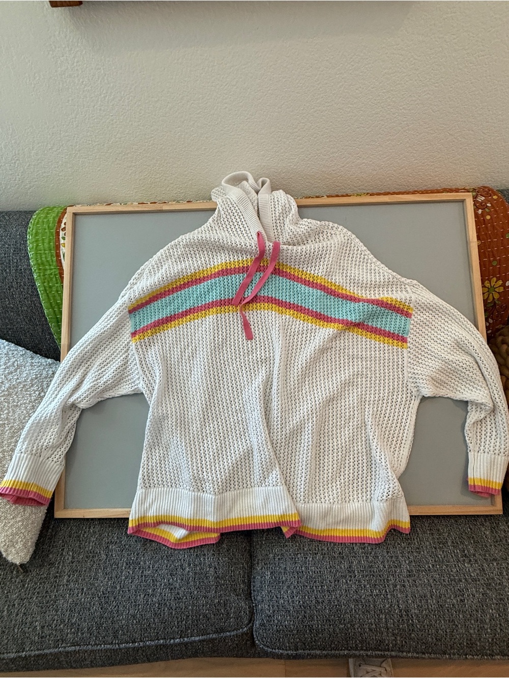 torrid White Open-Knit Hoodie with Pink, Yellow & Aqua Stripes